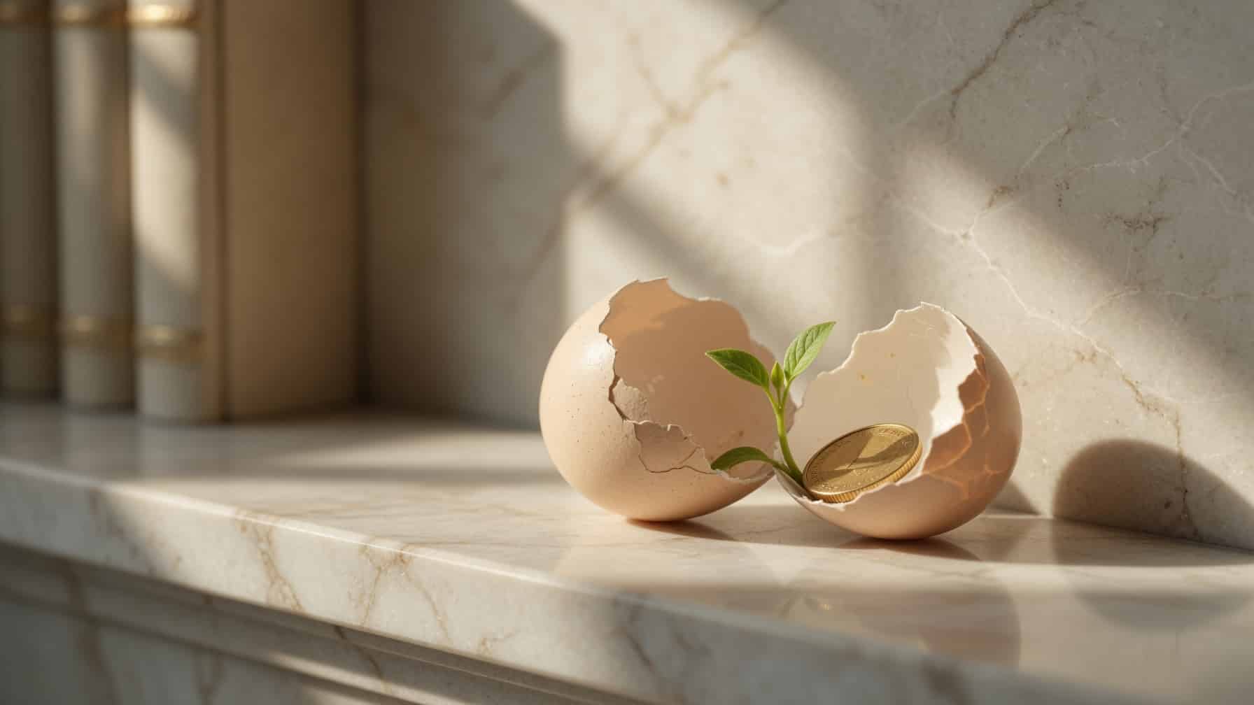 נבט ירוק בוקע מקליפת ביצה לצד מטבע, סמל להבשלת אופציות ותגמול הוני